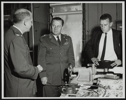 Howard Cannon views latest in Boron filament techniques in the Air Force Materials Lab at Wright-Patterson Air Force Base, Ohio: photographic print