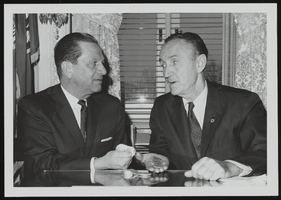Howard Cannon and Senate Majority Leader Mike Mansfield meeting to plan the development of 150 million new silver dollars within the year: photographic print