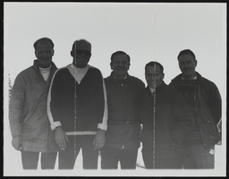 Howard Cannon in snow ski gear with Ray Hansen, Ted Short, and two unidentified men: photographic print