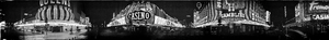 Fremont Street "4 corners" including Four Queens, Golden Nugget, Binion's, and Hotel Fremont, black-and-white, Las Vegas, Nevada: panoramic photograph