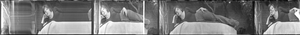 Woman posed in backyard identified as "Kim", black-and-white, Las Vegas, Nevada: panoramic photograph