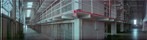 View from Al Capone's cell in Alcatraz Federal Penitentiary, San Francisco, California: panoramic photograph