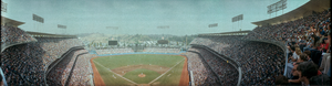 Dodgers vs. Yankees World Series baseball game at Dodger Stadium, Los Angeles, California: panoramic photograph