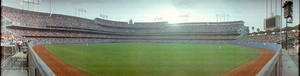 Dodgers vs. Yankees World Series baseball game at Dodger Stadium, Los Angeles, California: panoramic photograph