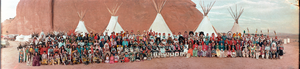 1982 Intertribal Native American ceremony: Zuni, Zuni Olla Maidens, Hopi, Aztecs, Kiowa, Voladores, Comanche, Toas, San Juan Navajo, Laguna, Mescalero Apache tribes, Gallup, New Mexico: panoramic photograph