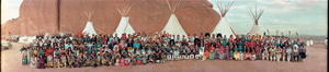 1982 Intertribal Native American ceremony: Zuni, Zuni Olla Maidens, Hopi, Aztecs, Kiowa, Voladores, Comanche, Toas, San Juan Navajo, Laguna, Mescalero Apache tribes, Gallup, New Mexico: panoramic photograph