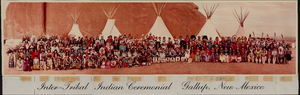 1982 Intertribal Native American ceremony: Zuni, Zuni Olla Maidens, Hopi, Aztecs, Kiowa, Voladores, Comanche, Toas, San Juan Navajo, Laguna, Mescalero Apache tribes, Gallup, New Mexico: panoramic photograph