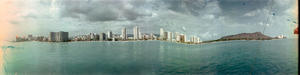 Waikiki Beach from a catamaran, Honolulu, Hawaii: panoramic photograph