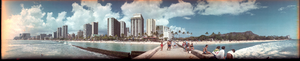 Waikiki Beach from a pier, Honolulu, Hawaii: panoramic photograph