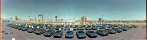 DeLorean car rally at Hilton Hotel, Las Vegas, Nevada: panoramic photograph