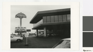 Photograph of Flamingo Hotel neon sign and porte-cochère (Las Vegas), 1970s.