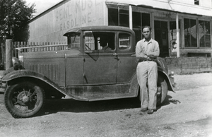 "Gasoline" Bill pictured in front of the Revert Store on Main Street, Beatty, Nevada: photographic print
