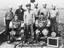 Navy Diving Crew, San Pedro, California: black-and-white photograph
