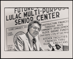 Manuel J. Manny Cortez, four-term Clark County Commissioner, speaking at the groundbreaking of the LULAC Senior Center: black-and-white photographs