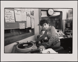 Beatriz Gutierrez, one of the first female Spanish langauge disc jockeys in Las Vegas, working at KUNV radio: black-and-white photographs