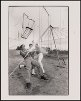 Armando Farfan and two other Flying Farfans members practice outdoors. The Flying Farfans are a fifth-generation, family-comprised aerialist act that perform at the Circus Circus Hotel and Casino in Las Vegas, Nevada: black-and-white photographs