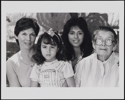 Four generations of Pacheco women posed together: Mary, Jennifer McKinney, Evelyn, and Emilia (identified from left to right): black-and-white photographs
