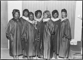 Set of photographs including Mintonette Singers, voter registrants, Golden Western advertisement, Mrs. Barnell and Fish, Doolittle Recreation Center, and archery class: image 001