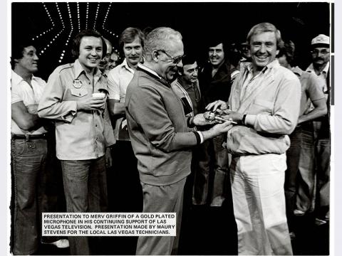 Presentation to Merv Griffin of a gold plated microphone in his continuing support of Las Vegas