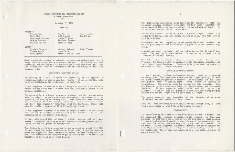 Nevada Institute for Contemporary Art Steering Committee meeting minutes, December 17, 1986