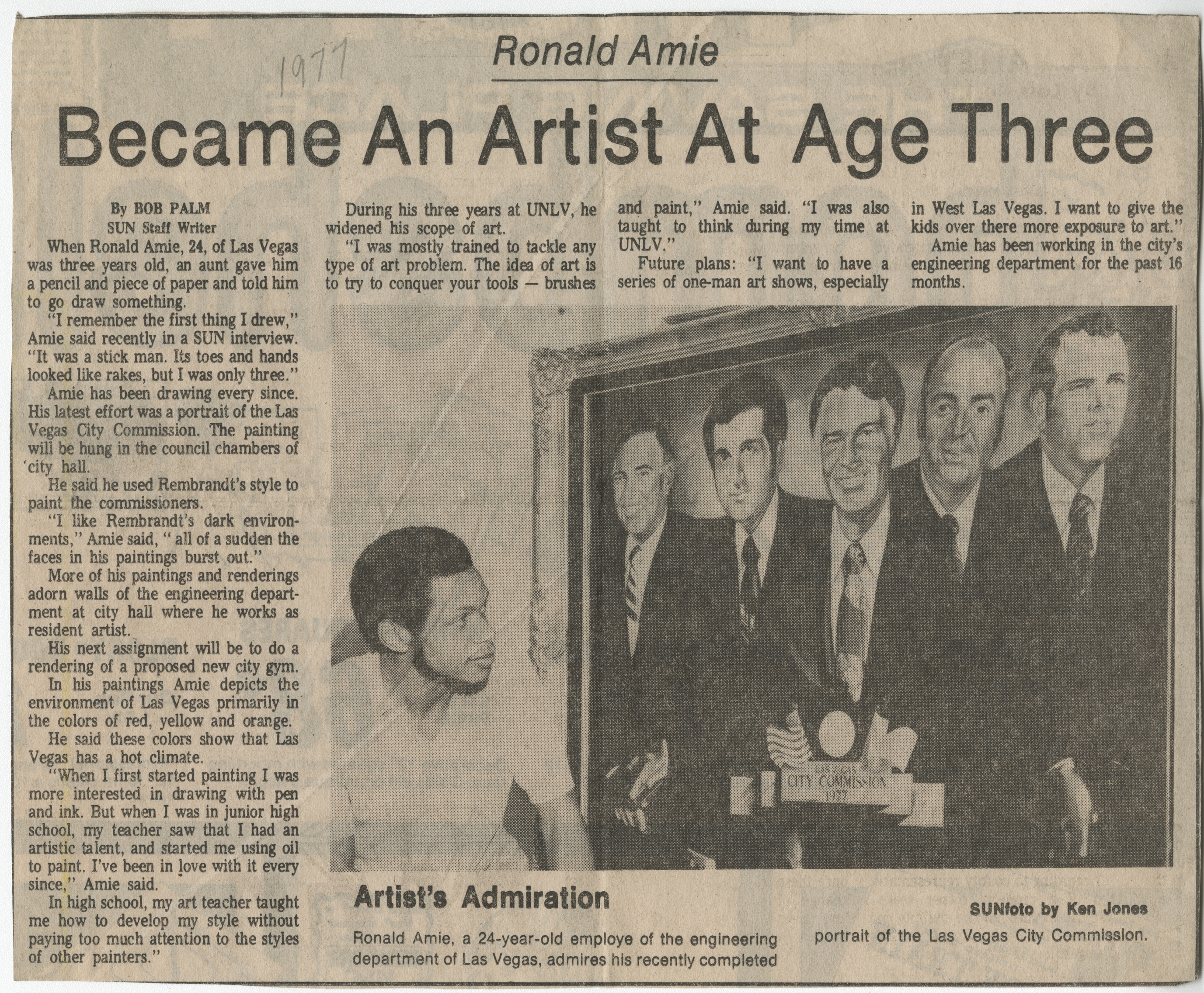 Newspaper clipping, Ronald Amie - Became Artist at Age Three, Las Vegas Sun, no date