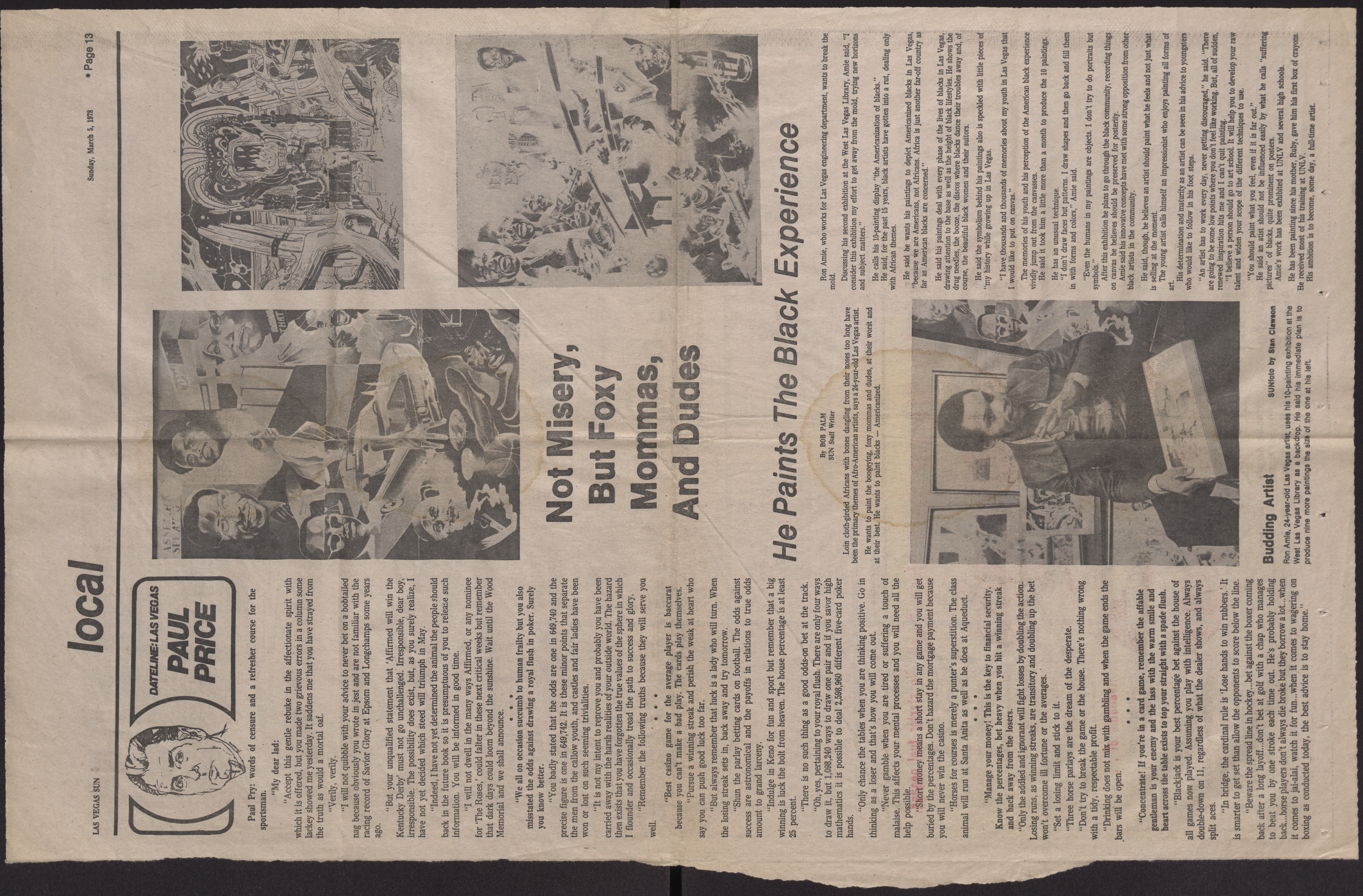 Newspaper clipping, Not Misery, But Foxy Mommas, And Dudes. He Paints the Black Experience, Las Vegas Sun, March 5, 1978
