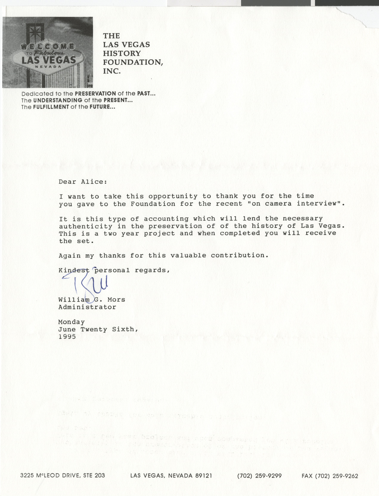 Letter from William Mors, Las Vegas History Foundation, Inc., to Alice Key, 1995
