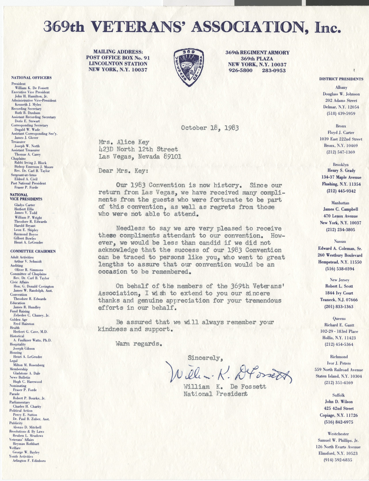 Letter from Willam De Fossett, 369th Veterans' Association, to Alice Key, 1983