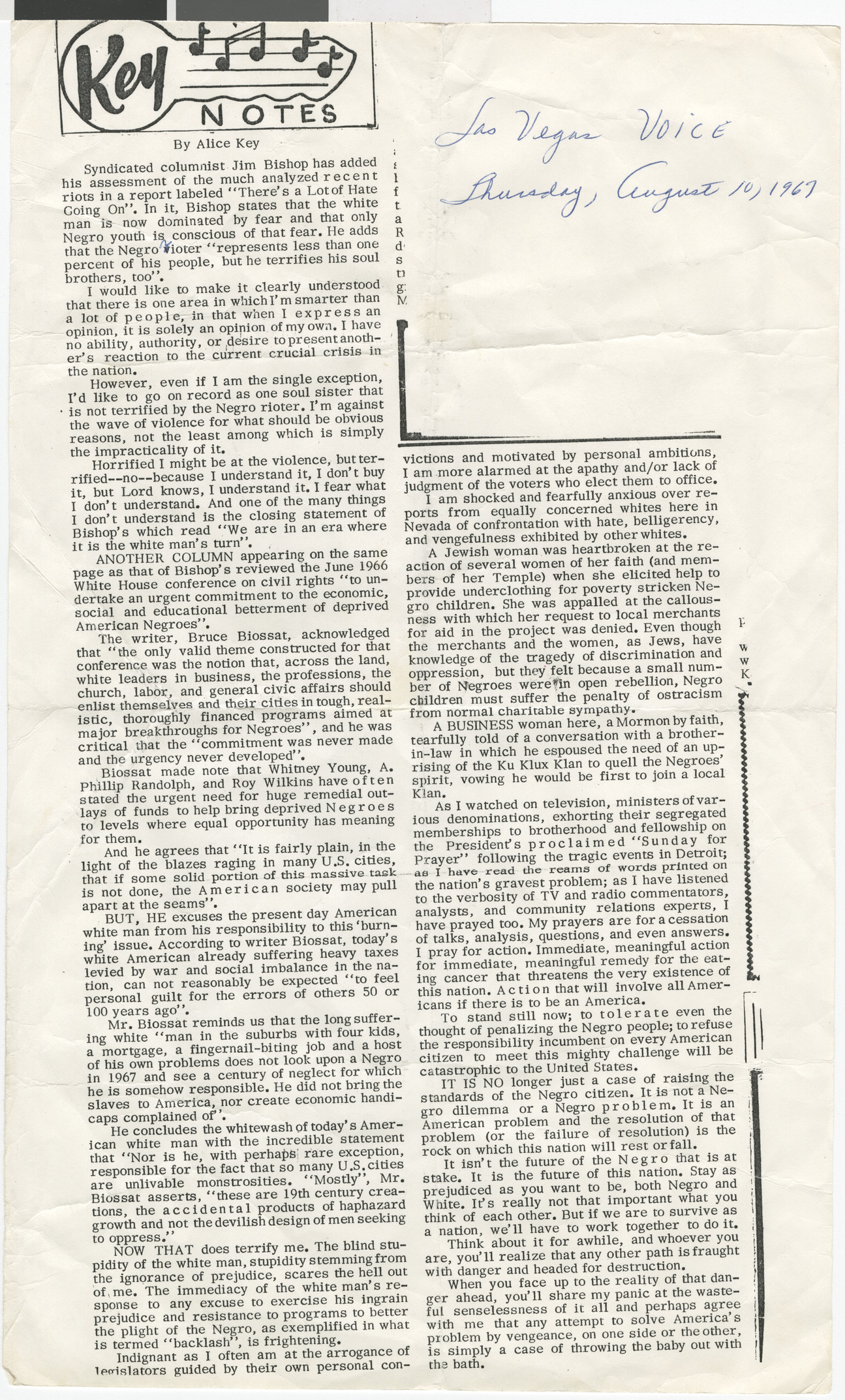 Newspaper clipping (copy), Key Notes column, by Alice Key, Las Vegas Voice, August 19, 1967
