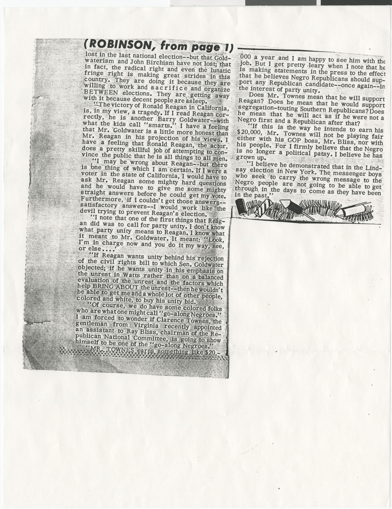 Newspaper clipping (copy), [Title unknown, Robinson, from page 1], publication unknown, no date