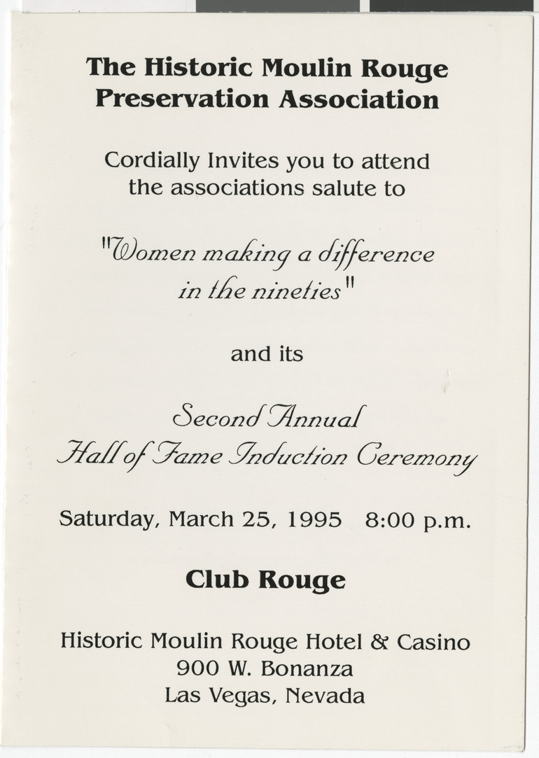 Program from the Historic Moulin Rouge Preservation Association's 'Women making a difference in the nineties,' and Second Annual Hall of Fame Induction, 1995