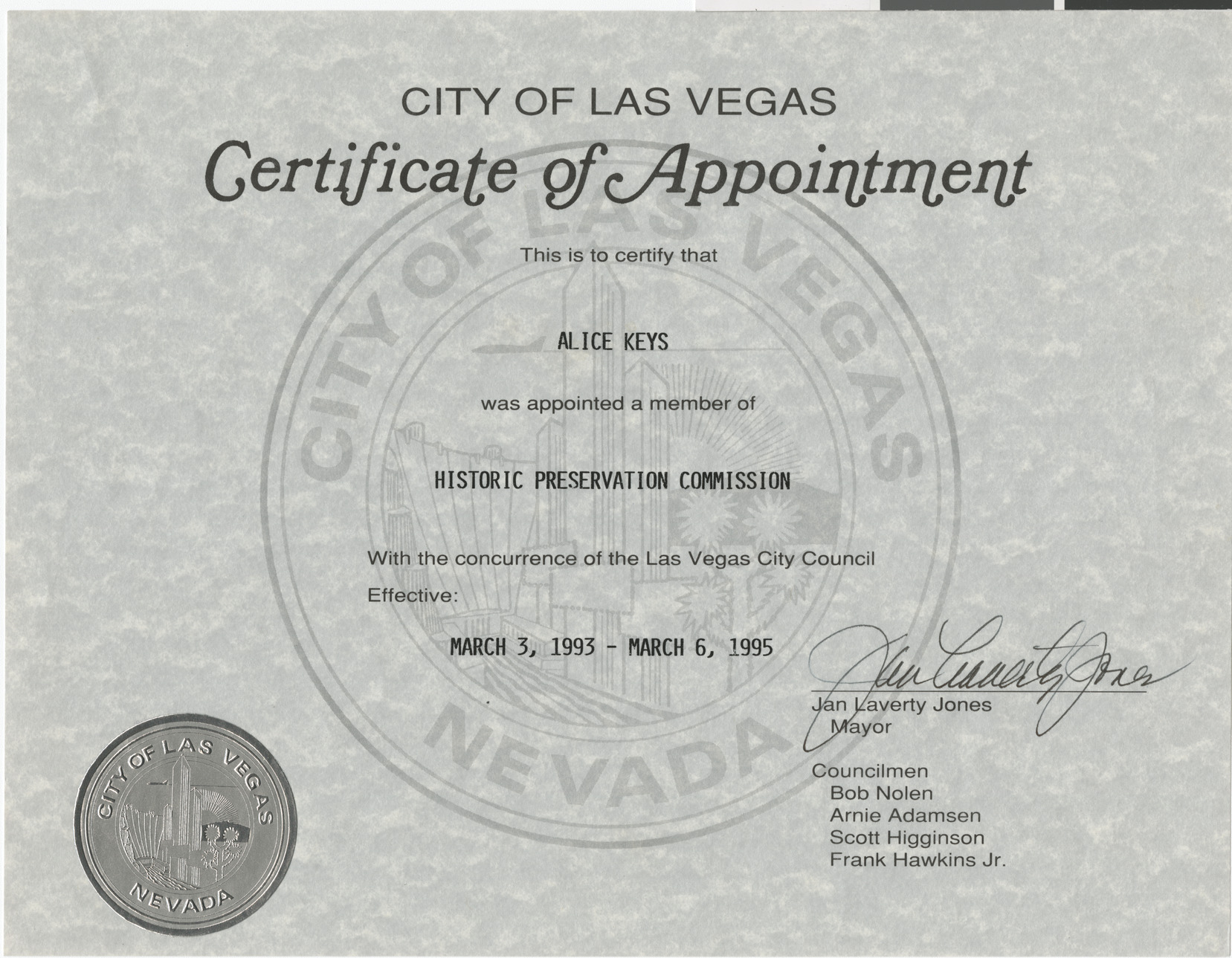 Certificate of Appointment for Alice Keys [sic] to the Historic Preservation Commission, March 3, 1993-March 6, 1995