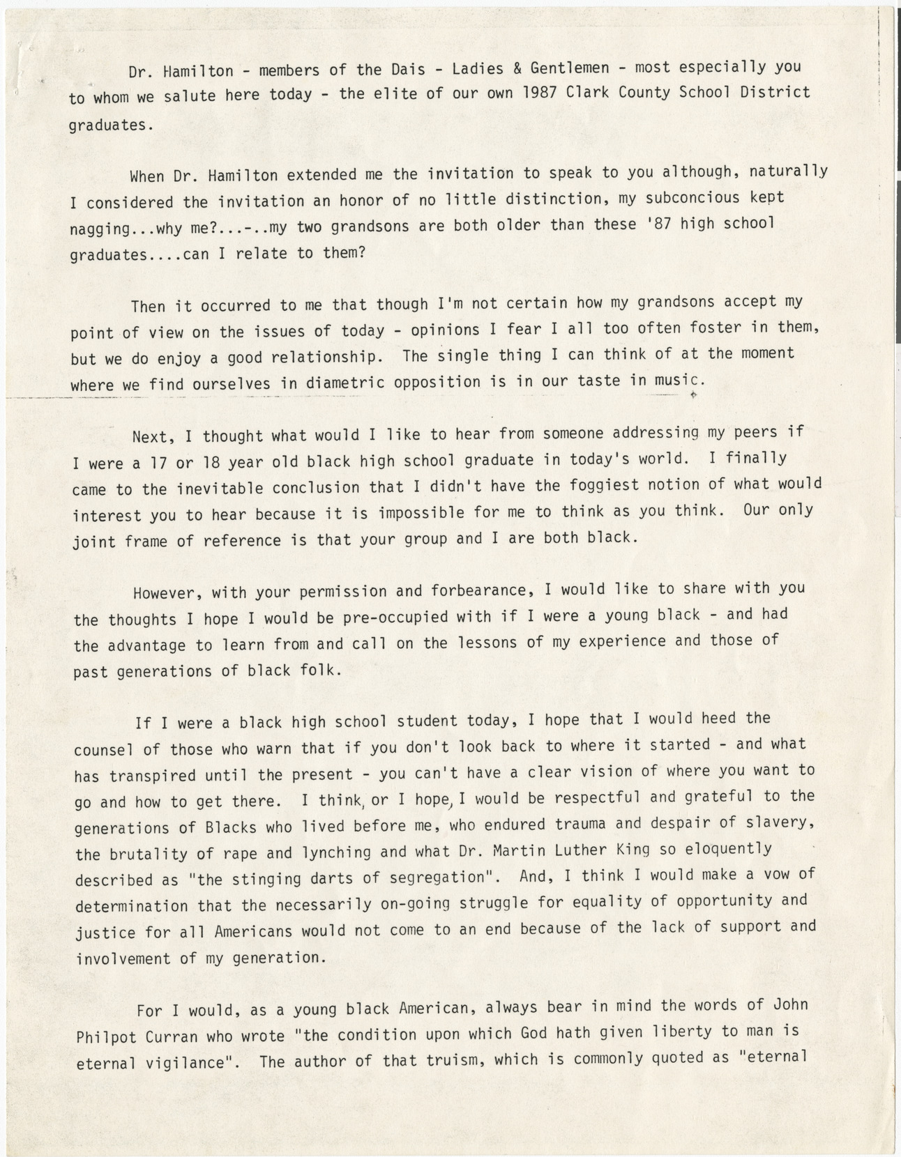 Speech transcript delivered to the 1987 Clark County School District graduates, n.d. [presumably 1987]