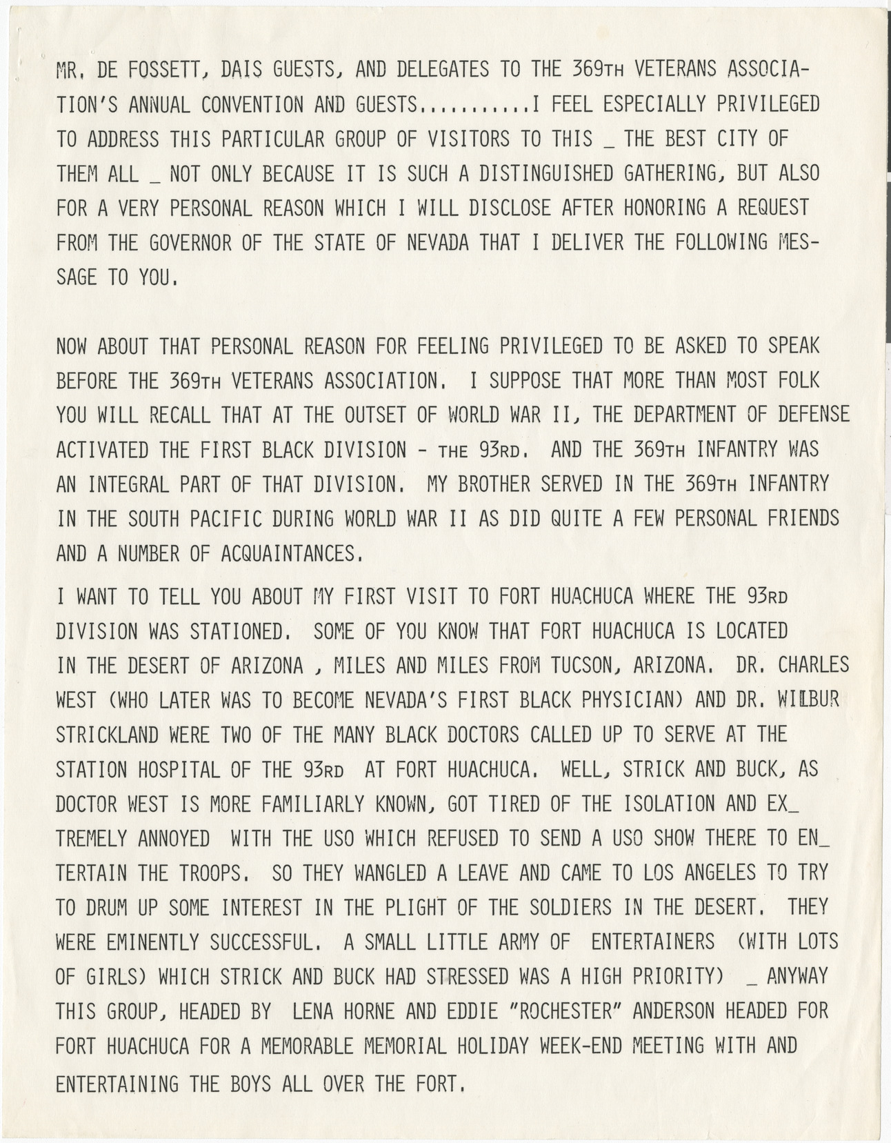 Speech transcript delivered to the 369th Veterans Association, 1983