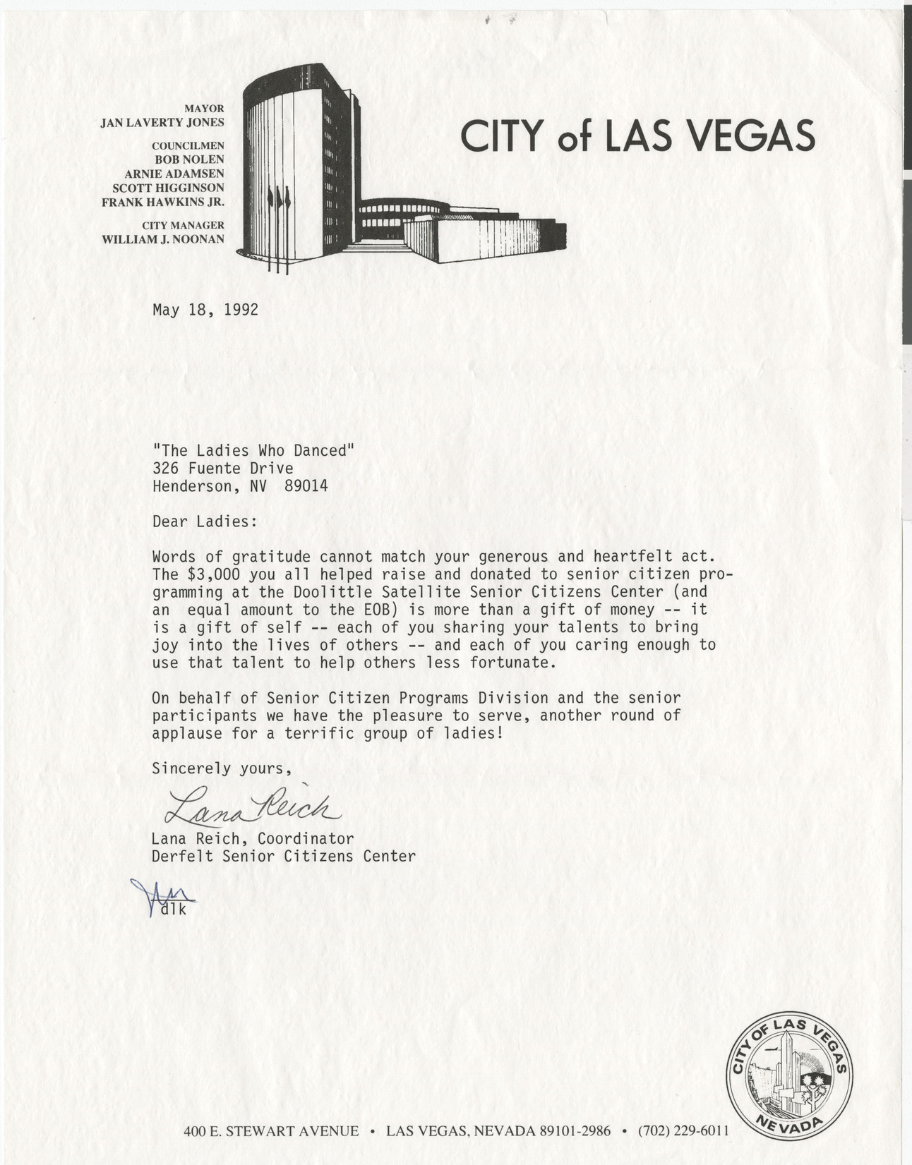 Letter from Lana Reich, Derfelt Senior Citizens Center, to the Ladies Who Danced, May 18, 1992