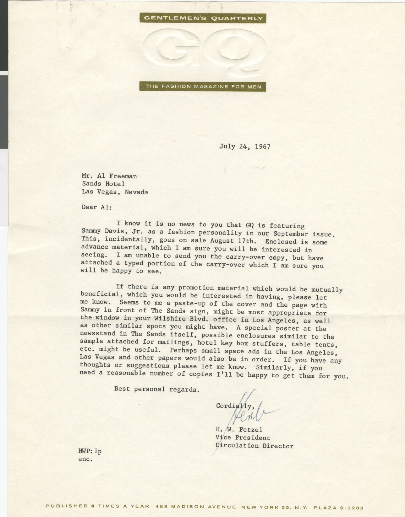 Letter from H.W. Petzel to Al Freeman (Las Vegas), July 24, 1967