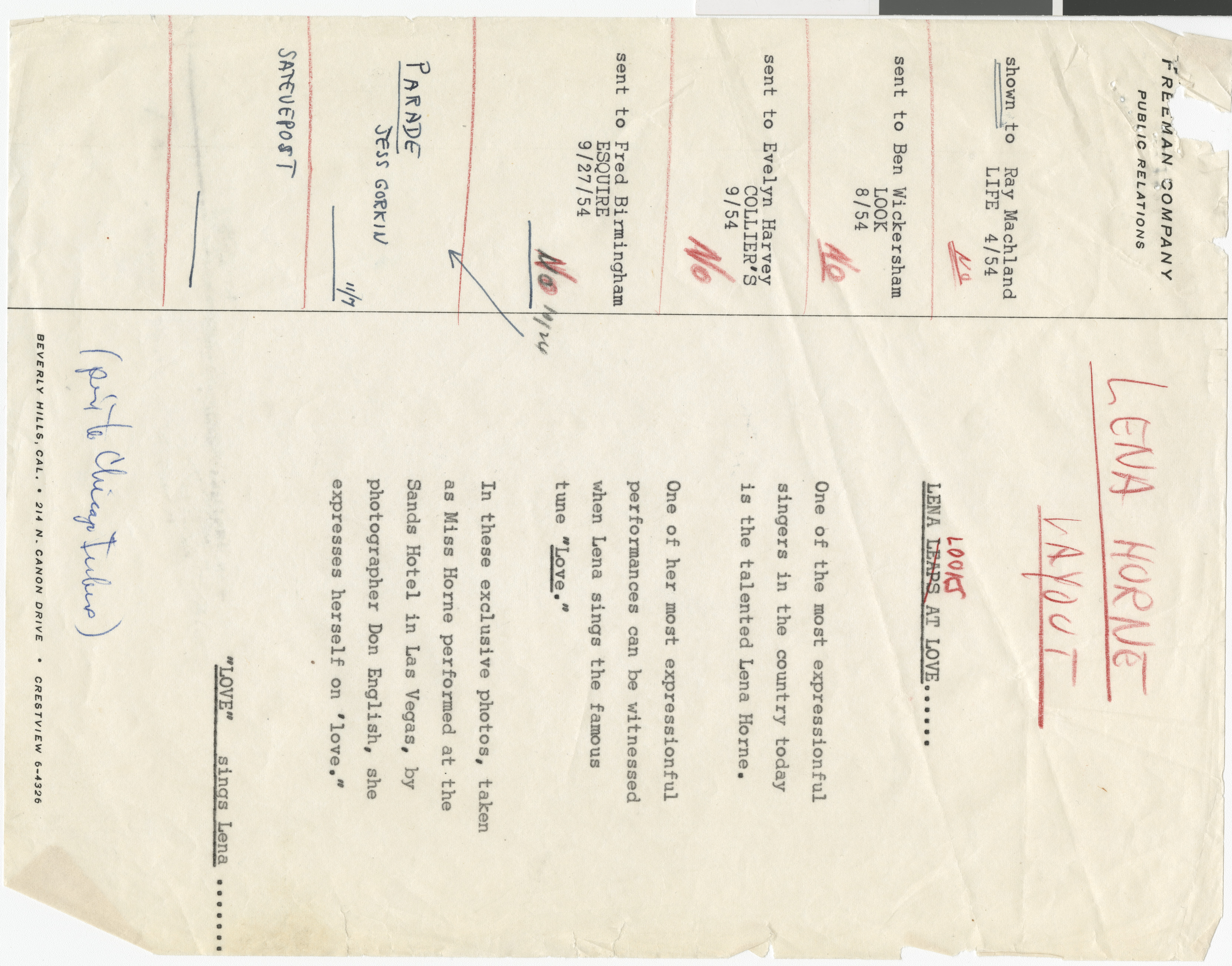 Story pitch for article on Lena Horne, with handwritten notes, 1954
