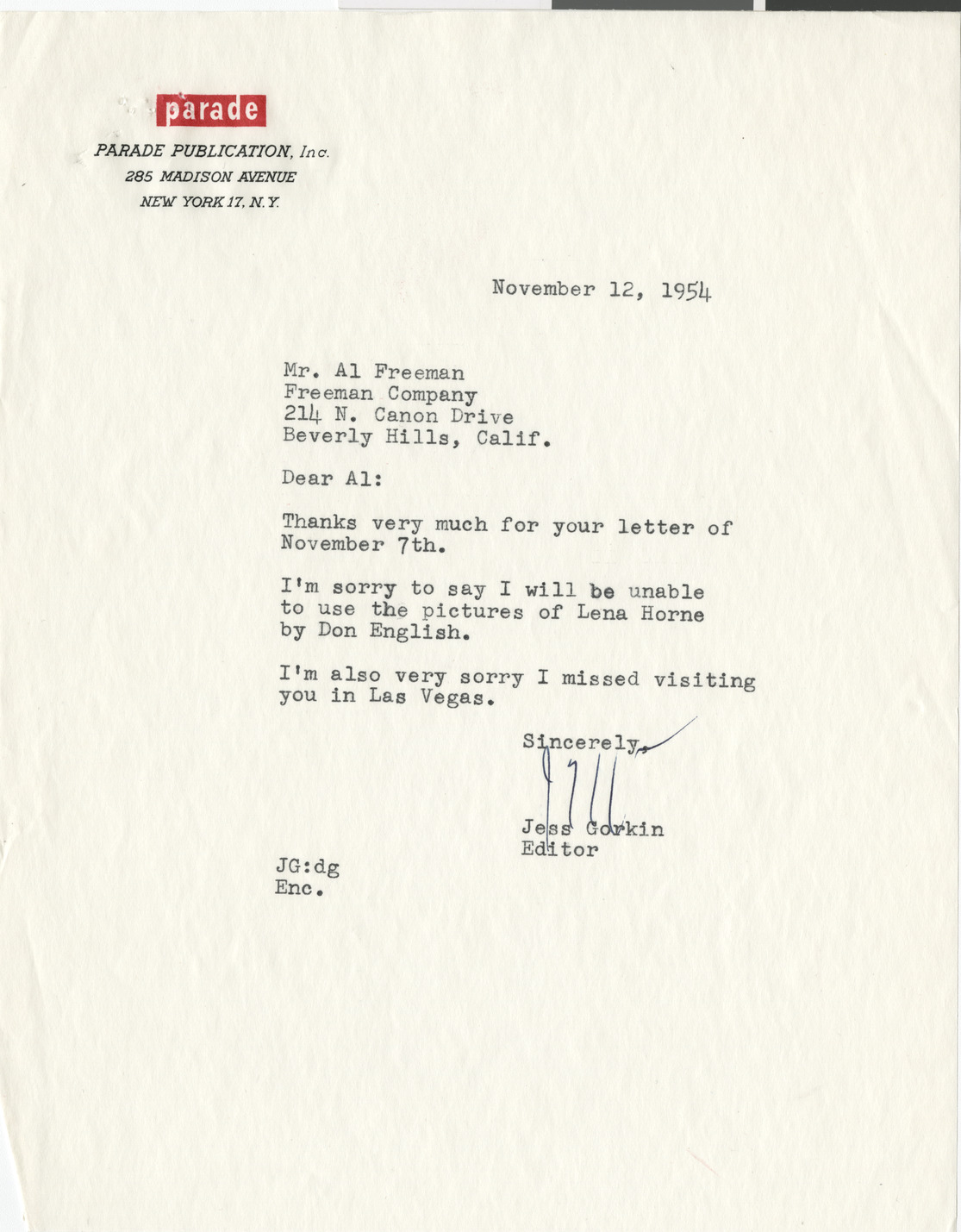 Correspondence from Jess Corkin, Editor at Parade magazine, to Al Freeman, regarding layout featuring Lena Horne, November 12, 1954