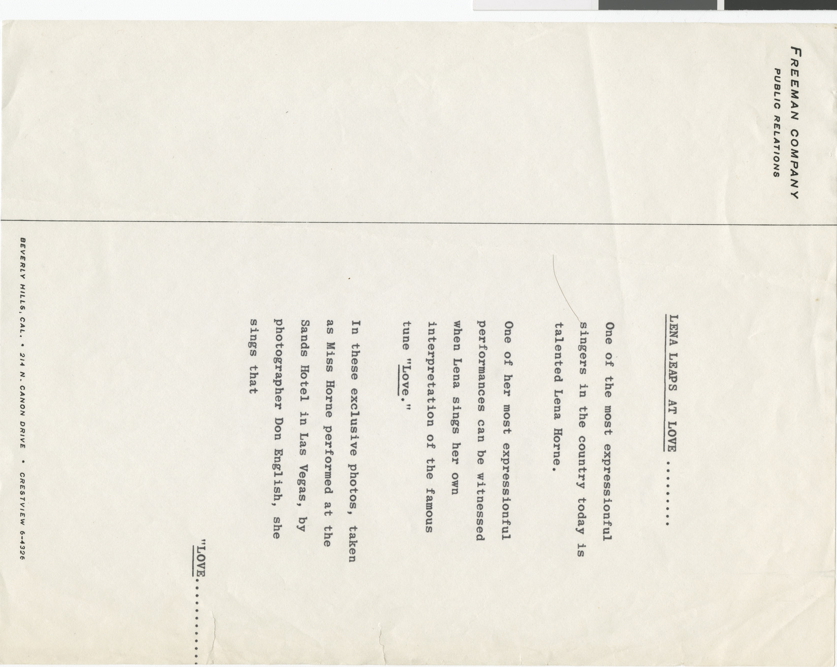 Story pitch for article on Lena Horne, Lena Leaps at Love, 1954