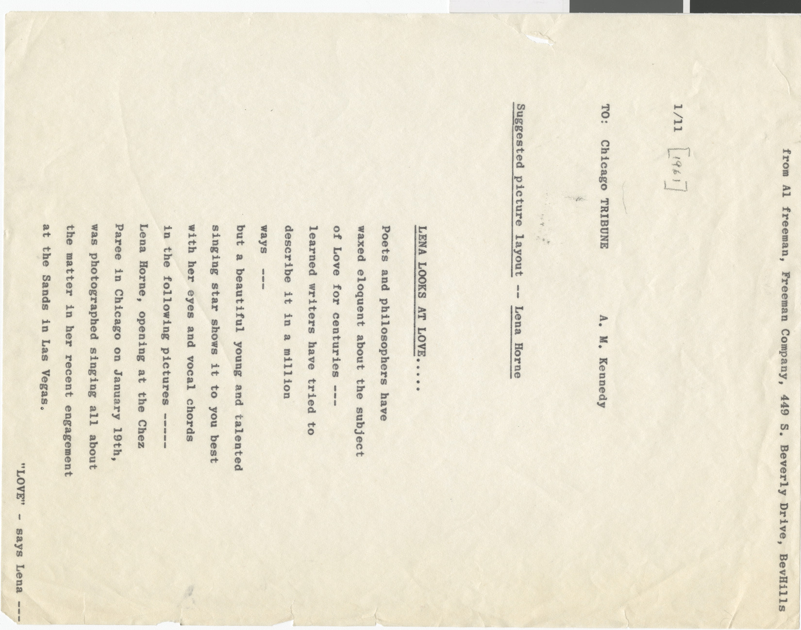Story pitch for article on Lena Horne, addressed to Chicago Tribune, A.M. Kennedy, January 11, 1961