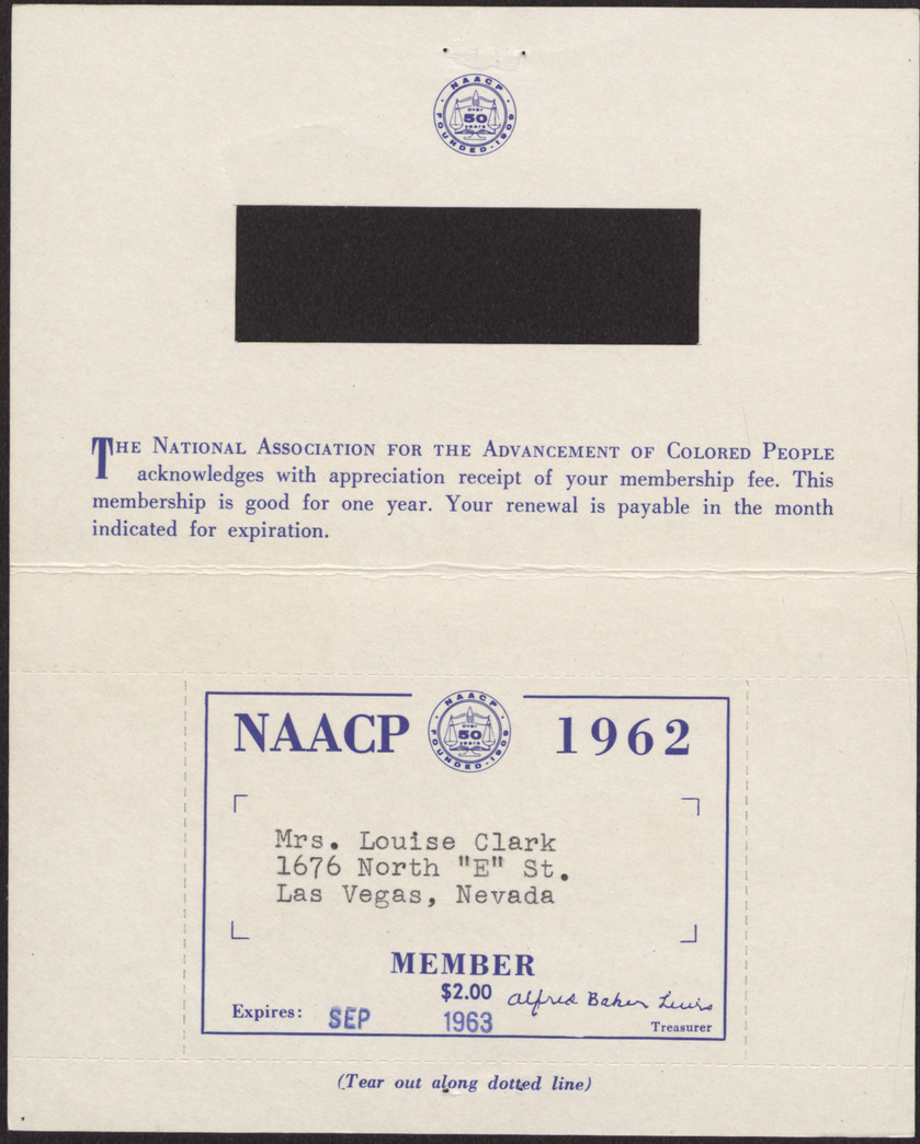 Information card from the NAACP to Mrs. Louise Clark, page 2