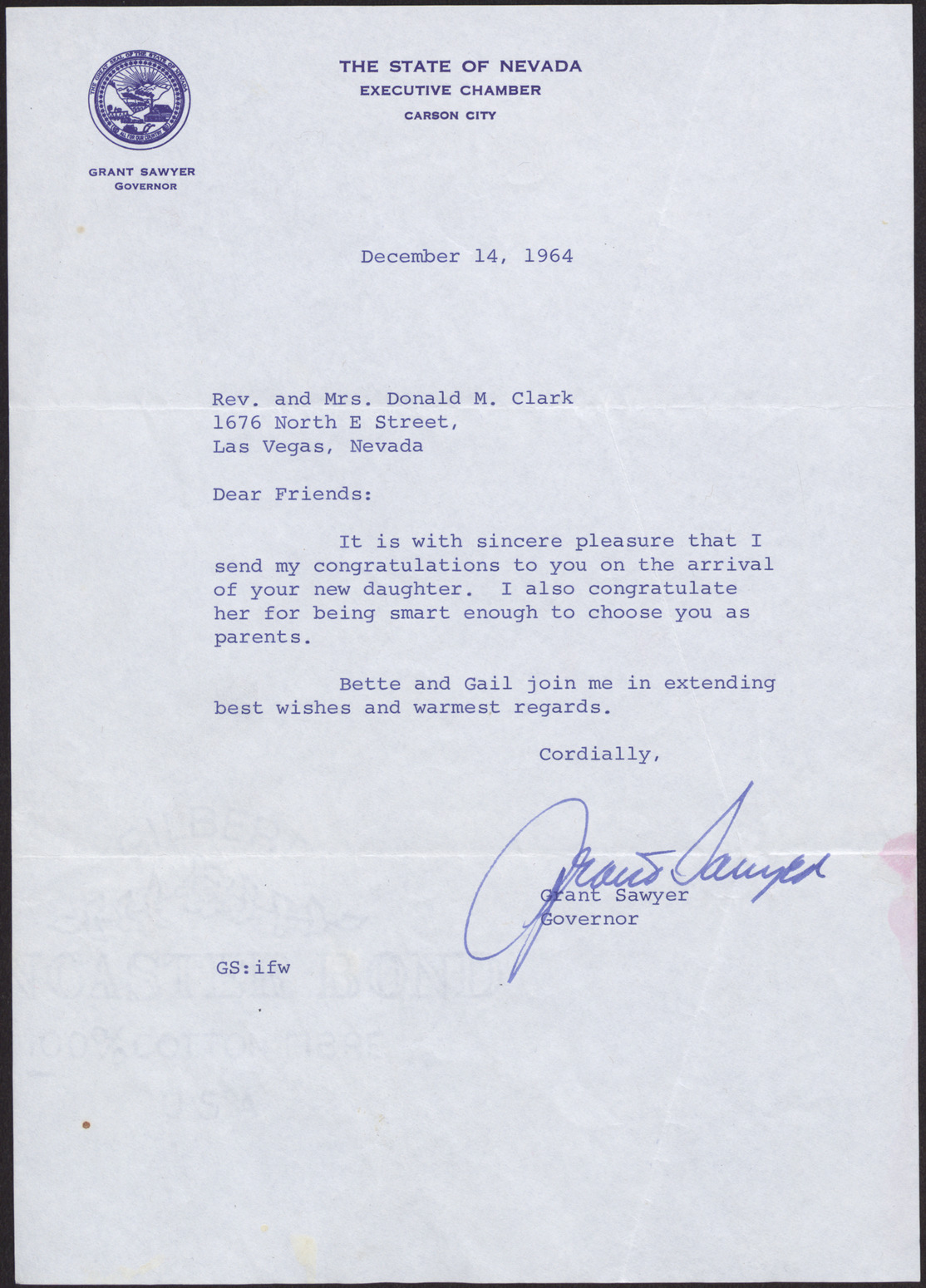 Letter to Rev. and Mrs. Donald M. Clark from Governor Grant Sawyer, December 14, 1964