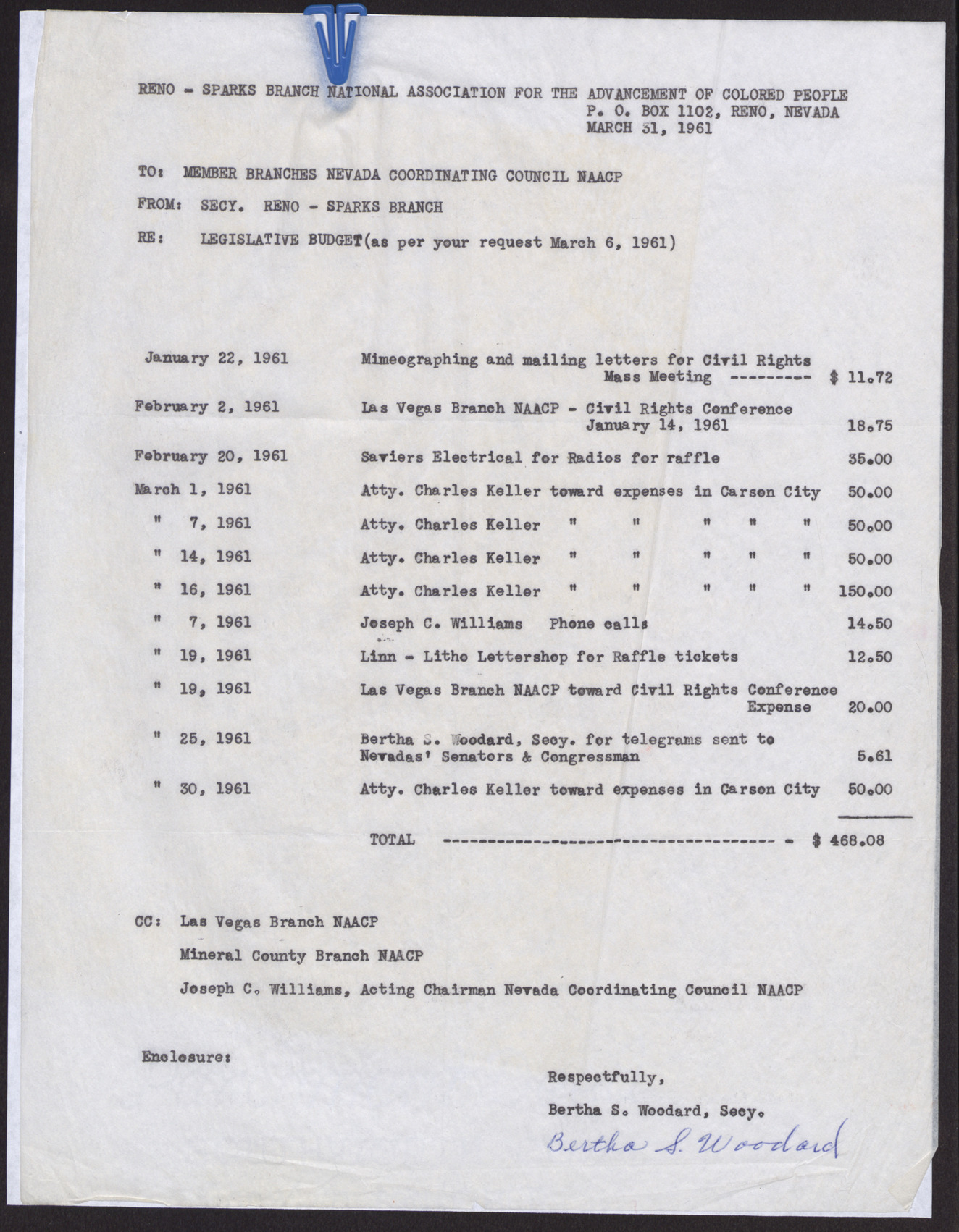 Legislative Budget Report to member branches of Nevada coordinating council NAACP from the Reno-Sparks NAACP, 1961