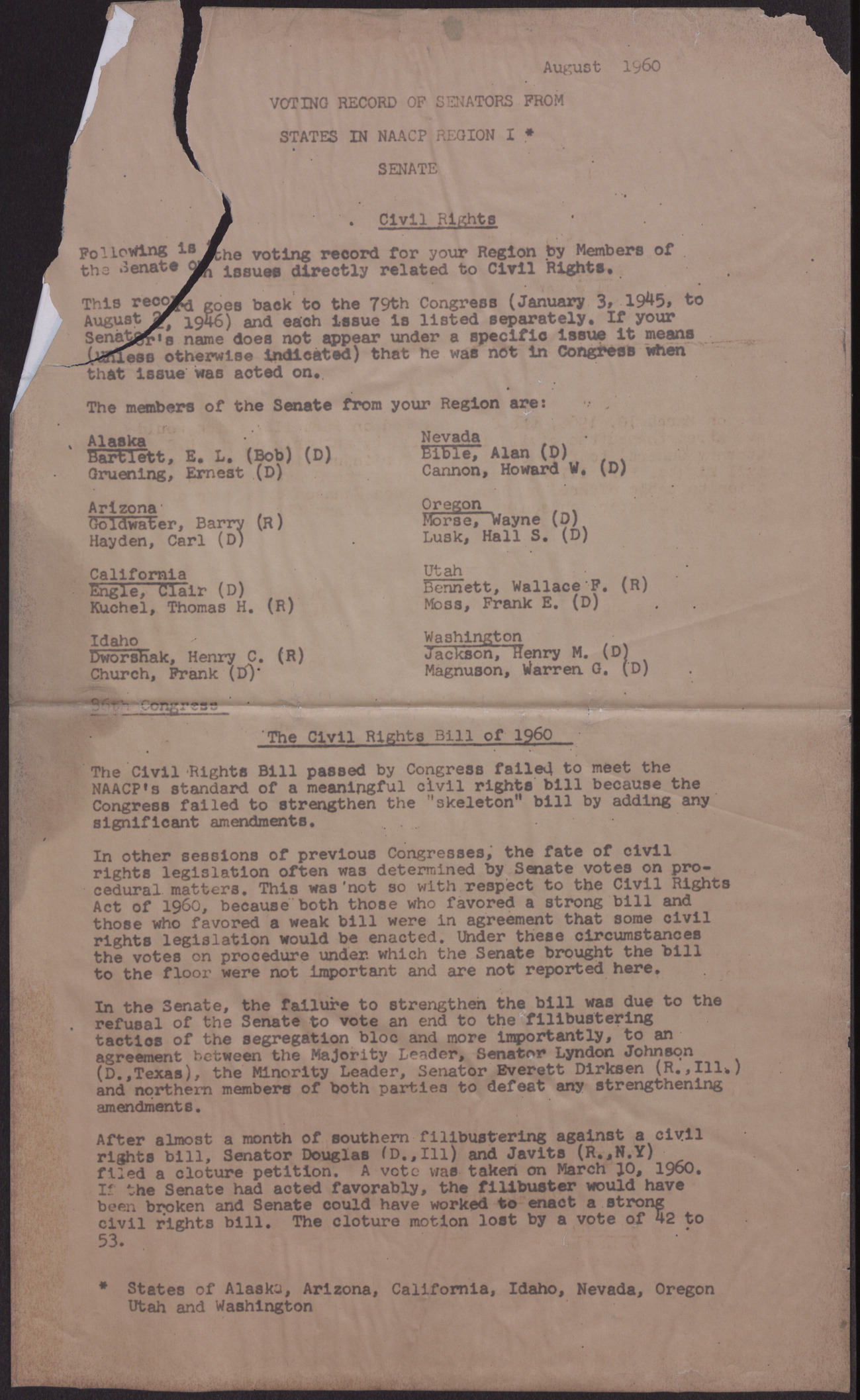 Summary of Voting Records of Senators from States in NAACP Region I (10 pages), August 1960