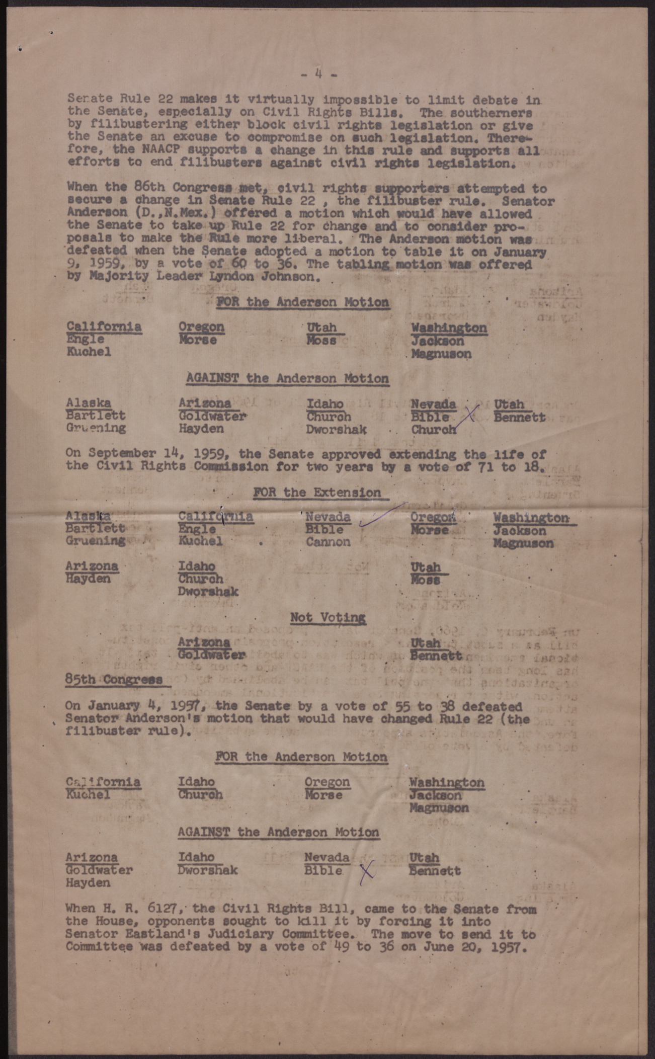 Summary of Voting Records of Senators from States in NAACP Region I (10 pages), August 1960, page 4