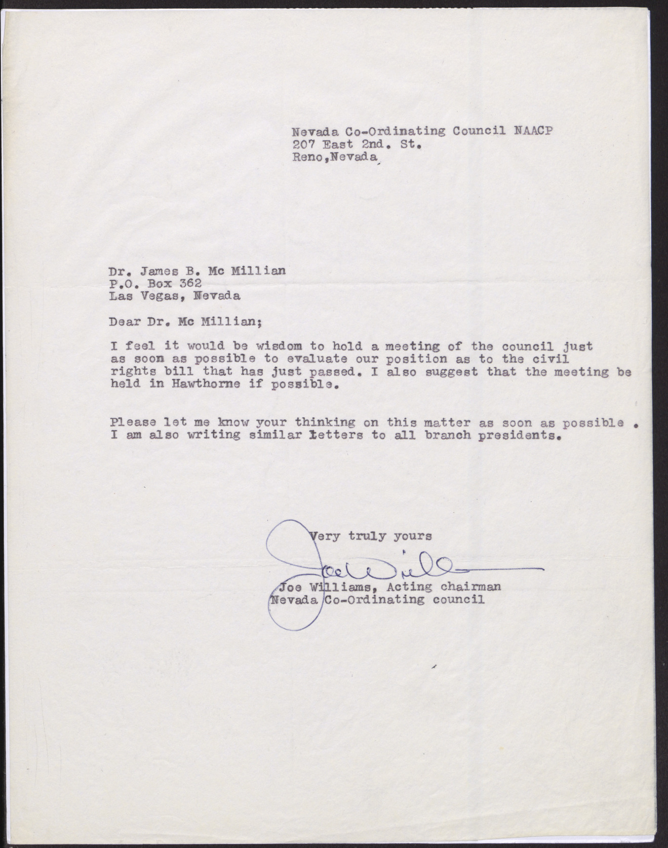 Letter to Dr. James B. McMillan from Joe Williams, no date