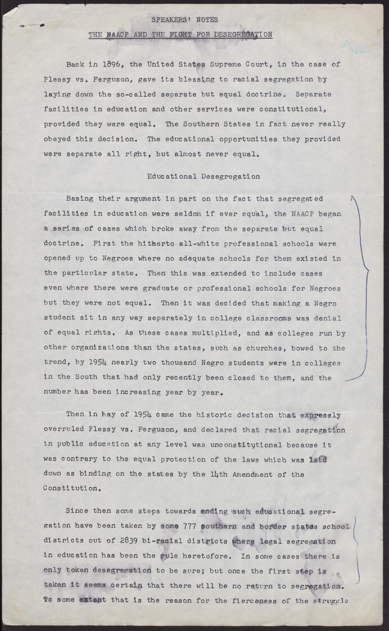 Speakers' notes: The NAACP and the Fight for Desegregation