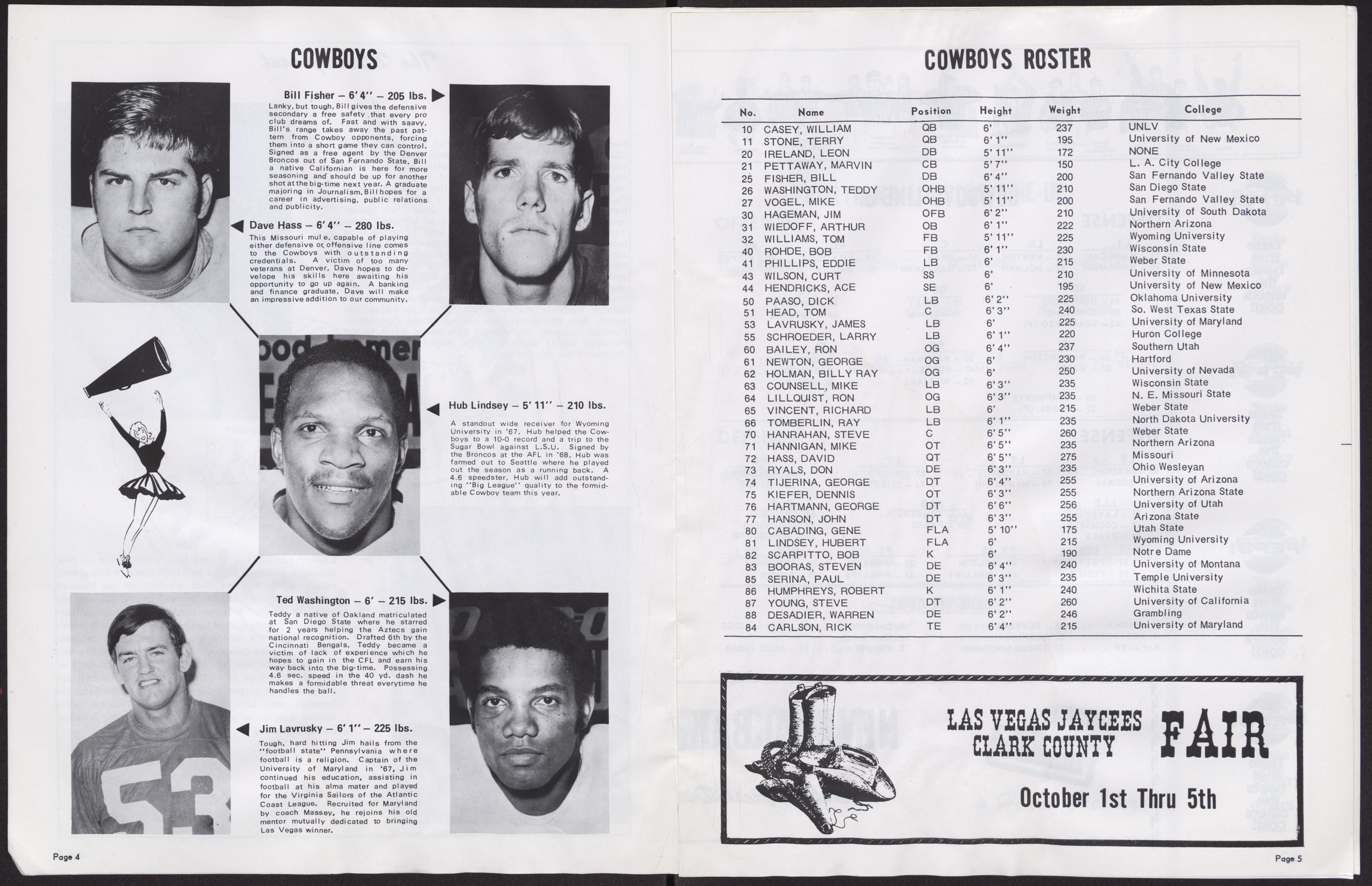 Official Program for the Las Vegas Cowboys vs. Portland Loggers football game (12 pages), August 9, 1969, page 4-5