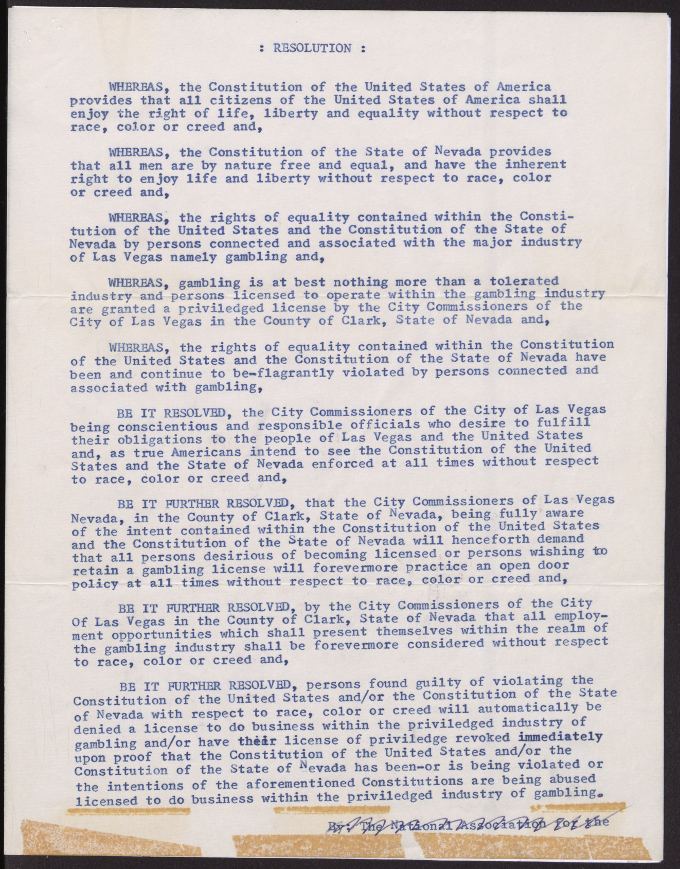 Resolution attached to a letter to the Las Vegas City Commissioners