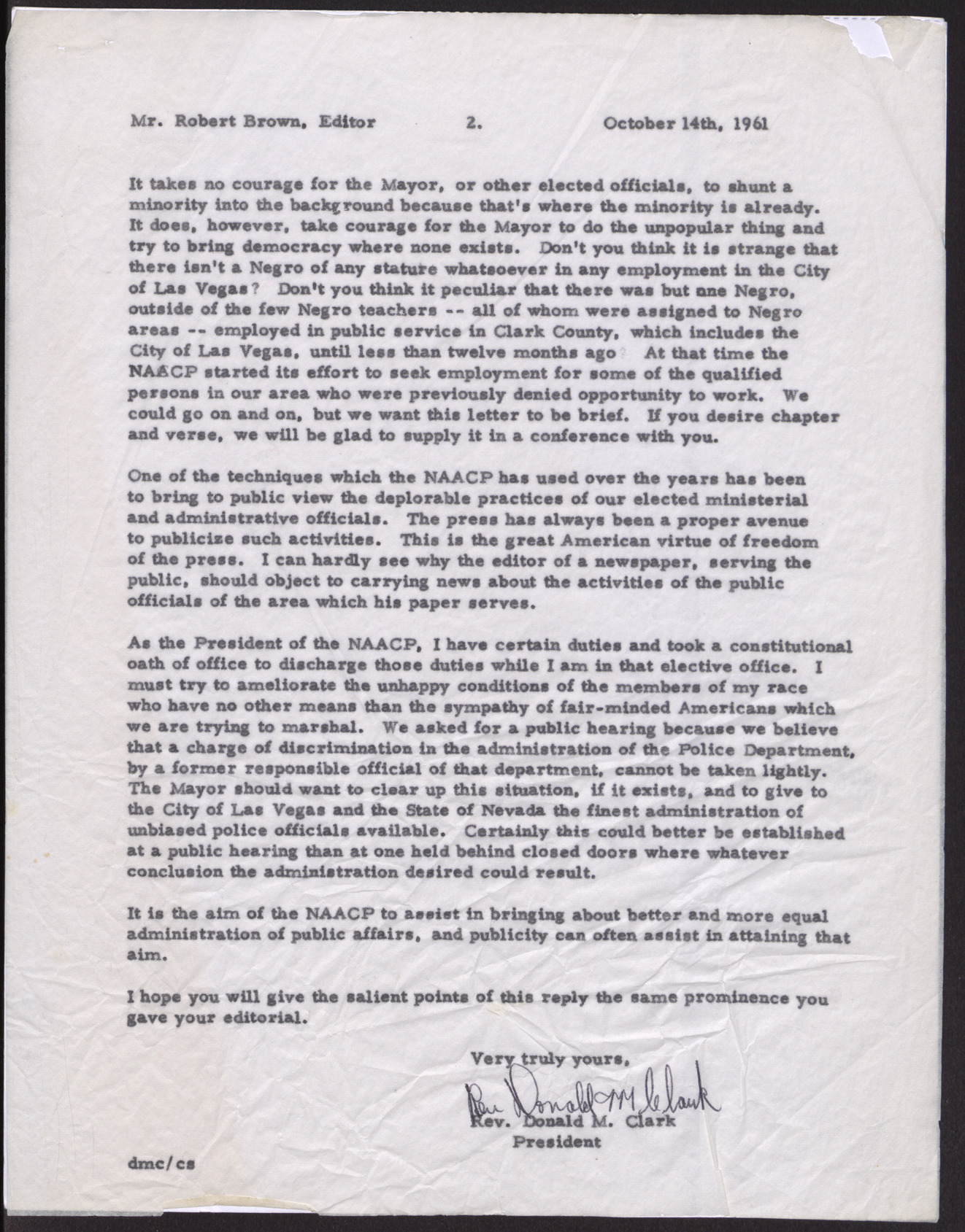 Letter to Robert Brown, Editor at Las Vegas Review Journal, from Rev. Donald M. Clark (2 pages), October 14, 1961, page 2